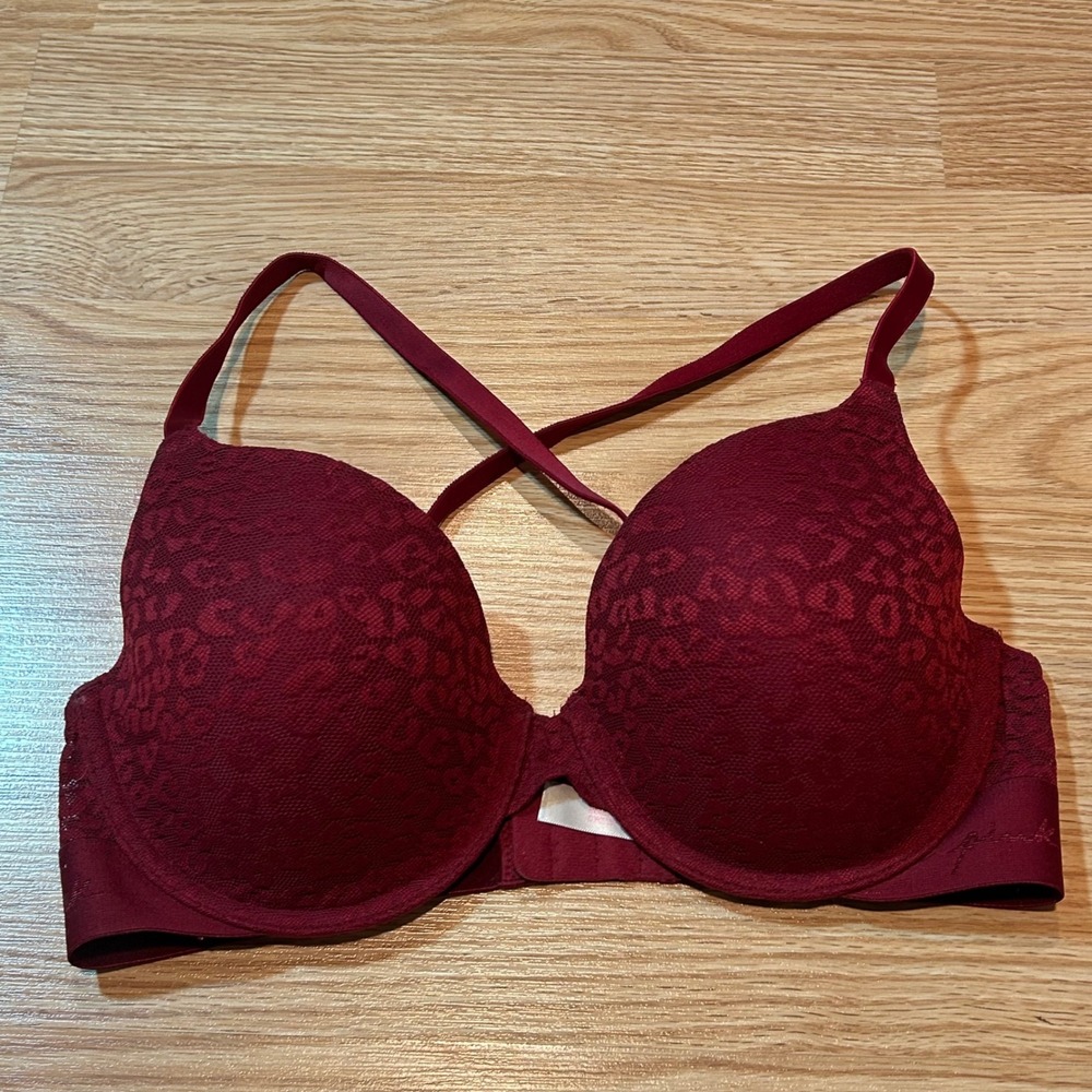 Victoria's Secret PINK Wear Everywhere‎ Push Up Bra Burgundy Leopard Lace 34D